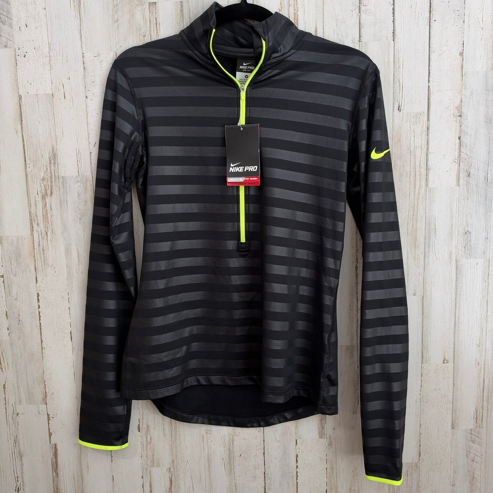 NWT Nike Pro Pullover Black Dri-fit Hyperwarm 1/4 Zip Striped Size Med Running